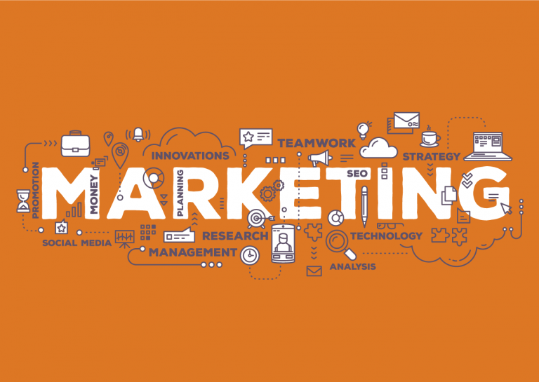 The word Marketing in all capital letters surrounded by smaller marketing terms and related icons.