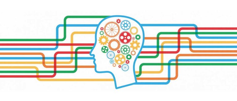 Multicolored lines surround the profile of a human head, with multicolored gears inside the head.