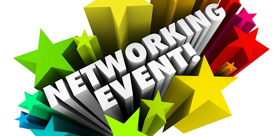 The words 'Networking Event' are in all capital letters at a 3D angle projecting a zooming-out motion while surrounded by colorful 3D stars.