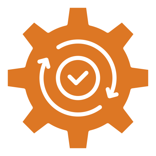 A checkbox inside of a circle, inside of two curved arrows forming a circle, inside of a gear icon.