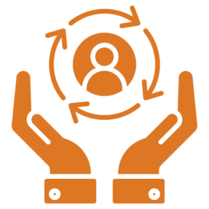 Two cupped hands holding a four curved arrows that form a circle with a person icon inside of the of the circle.