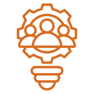 A light bulb icon where the bulb portion is comprised of a gear and three figures.