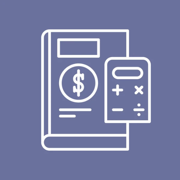 Bookkeeping graphic shows a line drawing of a ledger and a calculator.