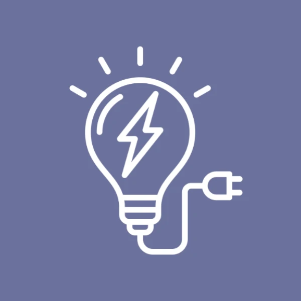 An electrical graphic shows a line drawing of a lightbulb with a cord and plug, with a lightening bolt inside the bulb.