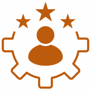 A figure with three stars above and encircled by gear sprockets.