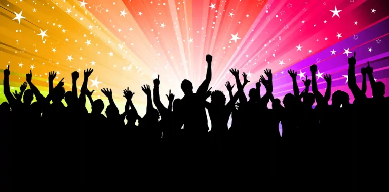 Silhouette of a crowd of party people on a starburst background.