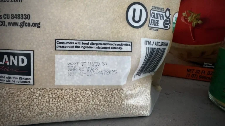 Close-up of a food package showing the expiration date.