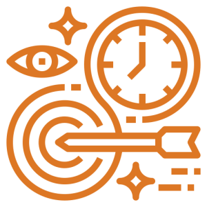 A decorative icon featuring an eye in the upper left, a clock in the upper right, and a bullseye target with an arrow hitting the center, surrounded by sparkle/star accents.