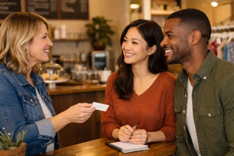 A woman and a couple are smiling at each other in a cafe. She is handing them a business card.