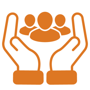 Left and right hands raised in an upward cupped position with three figures in the middle.