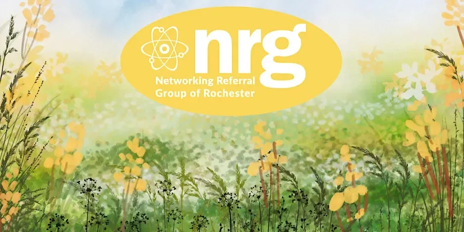 The NRG logo in white on a sunshine yellow oval, with a watercolor-styled background of spring flowers and grass.