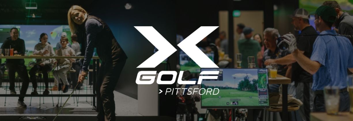 X-Golf Pittsford logo in white with background images showing a woman getting ready to hit a golf ball and a view of their bar.