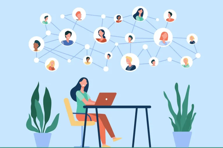 A woman at a table with a laptop and above her are connected spheres of her contacts.