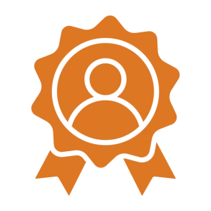 A badge with a person in the center and two ribbons extend outwards from the bottom.