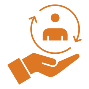A hand icon holding up a circle made of two curved arrows with a customer in the center.