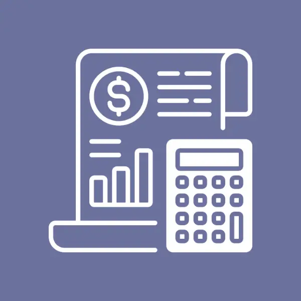 Bookkeeping graphic shows a line drawing of a profit and loss sheet and a calculator.