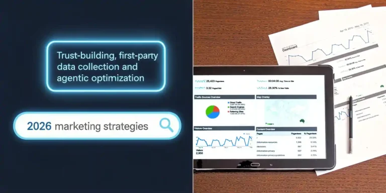 A side-by-side visual where the left side shows an AI search for 2026 marketing strategies with the resulting words: trust-building, first-party data collection and agentic optimization. The right side shows a tablet and printed pages with sales tracking charts and graphs.