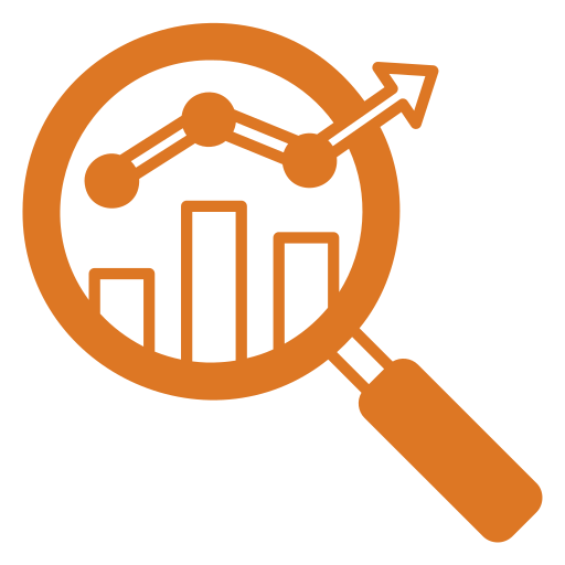 A magnifying glass icon with a bar chart inside and an upward arrow chart emerging to the right of the glass frame.