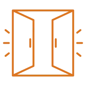 A line icon showing opening doors with rays emanating from either side.