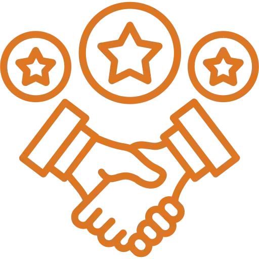 Line drawing icon of a handshake with three stars in a horizontal row above.