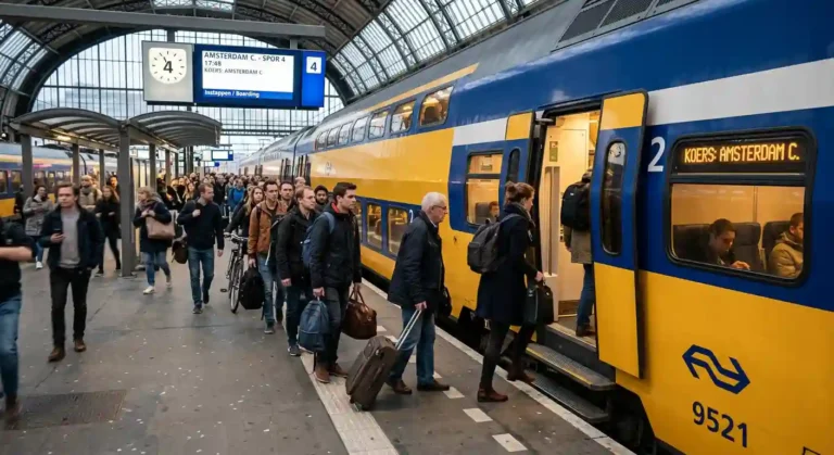 A line of people are boarding a blue and yellow train in a station.