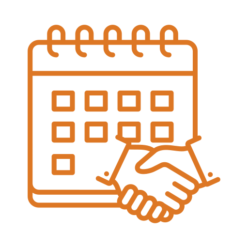 An icon of a calendar with a handshake in the bottom-right corner.